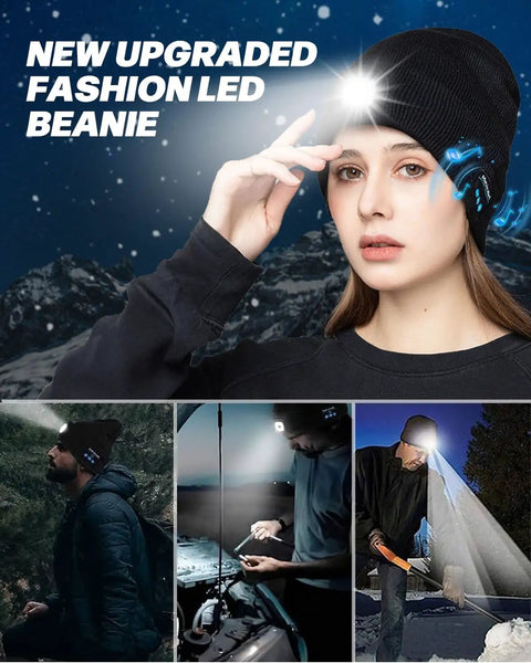 Bluetooth Beanie With Light USB Rechargeable LED Headlamp Winter Hat For Running Hiking Hunting Skiing Black Unisex