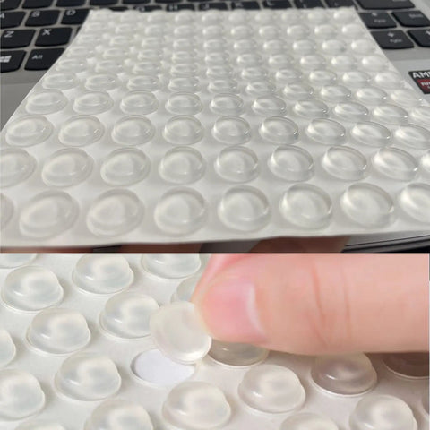 Clear Self Adhesive Cabinet Door Bumpers, 100 pack silicone rubber cushions, close-up of 1/2 inch diameter bumpers and sheet detail