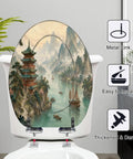 Elongated Traditional Chinoiserie Landscape Pagoda River Toilet Seat with scenic design, sturdy resin material, and soft-close hinge.