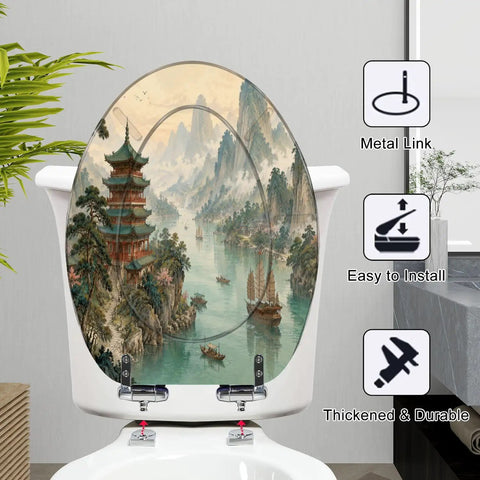 Elongated Traditional Chinoiserie Landscape Pagoda River Toilet Seat with scenic design, sturdy resin material, and soft-close hinge.
