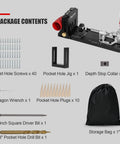 Heavy Duty Aluminum Pocket Hole Jig Kit with 56 pcs, including screws, drill bits, and storage bag, visible components labeled.