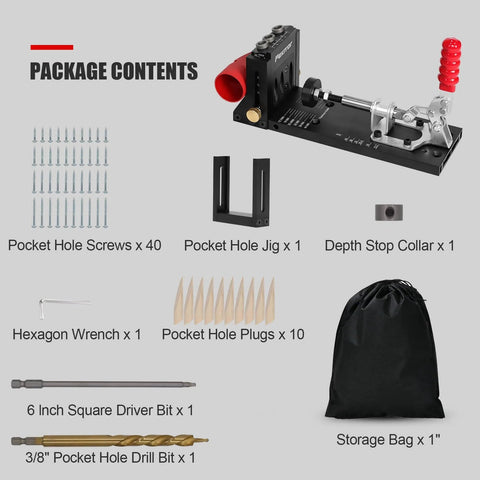 Heavy Duty Aluminum Pocket Hole Jig Kit with 56 pcs, including screws, drill bits, and storage bag, visible components labeled.