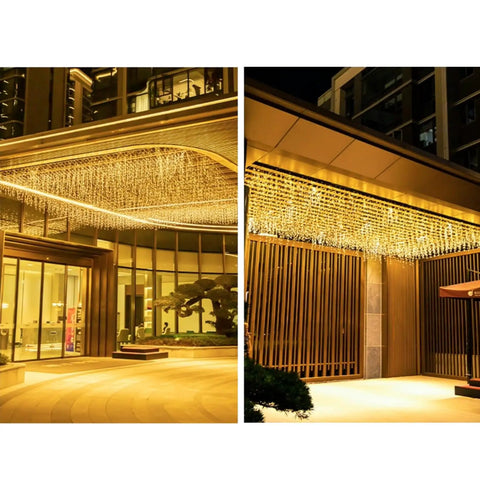 Warm White LED Icicle String Lights For Windows And Outdoor Spaces 16.4Ft 216 LEDs in entrance and patio settings