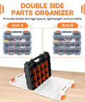 34 Compartment Small Parts Organizer Case With Removable Dividers Double Sided Storage Box For Screws Nuts Bolts Nails Beads Jewelry Craft Hardware And Tools Customizable Divider System For Tackle And Hobby shown open with orange handles and black compartments on wood surface.