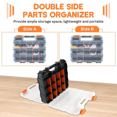 34 Compartment Small Parts Organizer Case With Removable Dividers Double Sided Storage Box For Screws Nuts Bolts Nails Beads Jewelry Craft Hardware And Tools Customizable Divider System For Tackle And Hobby shown open with orange handles and black compartments on wood surface.