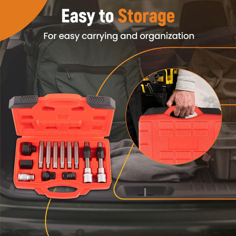 13 Piece Alternator Freewheel Pulley Removal Socket Bit Set for auto repair kit in orange hard case with handle in car trunk