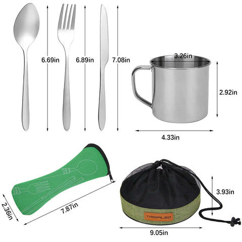 Camping Cutlery Set With Eight Piece Stainless Steel Spoons Forks Knives Plates Bowls And A Mug In One Lightweight Zipper Case