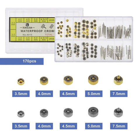 162 Piece Watch Repair Kit With Copper Stainless Steel Crowns And Stem Extenders, 3.5mm to 7.5mm sizes shown