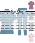 Size chart for Women Housekeeping Uniforms And Nursing Scrub Sets With Utility Pockets Breathable V Neck Zipper Tops and Joggers.