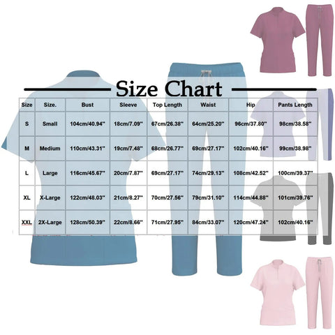 Size chart for Women Housekeeping Uniforms And Nursing Scrub Sets With Utility Pockets Breathable V Neck Zipper Tops and Joggers.