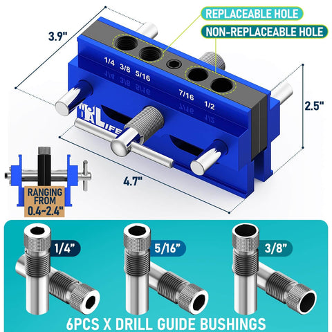 Self Centering Doweling Jig Kit For Straight Holes With Six Drill Guide Bushings Pro Grade Biscuit Joiner Tool Adjustable Width
