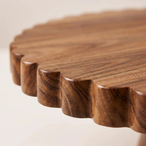 Close-up of scalloped edge detail on 13 Inch Acacia Wood Cake Stand With Lazy Susan Rotating Turntable.
