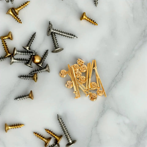 Copper Nut And Bolt Set For Teapot Lid Replacement And Repair 10 Pack Precision Screws And Nuts Kit For Furniture Repair And Household Use Durable Copper Build For Corrosion Resistance And Stable Attachment. brass and silver screws on white surface