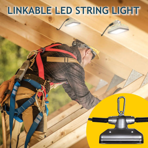 Worker installing Heavy Duty 50 Ft LED Work Light Set with Five Heads, showcasing linkable design and bright job site lighting.