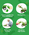 1 To 20 Scale Farm Tractor With Hay Bale And Bucket Attachment, Green Toy Tractor With Moving Front Arms, Rear Hitch For Round Baler