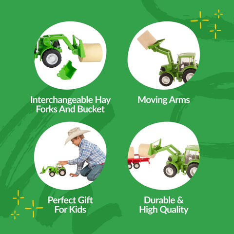 1 To 20 Scale Farm Tractor With Hay Bale And Bucket Attachment, Green Toy Tractor With Moving Front Arms, Rear Hitch For Round Baler