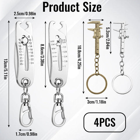 Thread gauge keychain calipers, portable vernier thread checkers; metal silver and gold tones with keyrings, 4-piece set