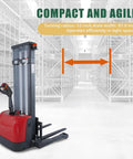 Tory Carrier Full Electric Pallet Stacker in warehouse, 3300 lb capacity, 118 inch height, compact design for narrow spaces.