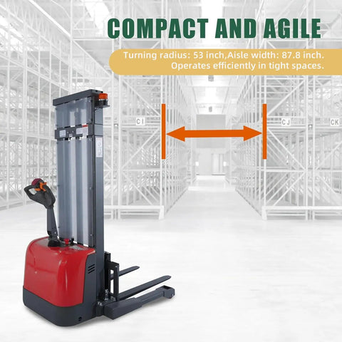 Tory Carrier Full Electric Pallet Stacker in warehouse, 3300 lb capacity, 118 inch height, compact design for narrow spaces.