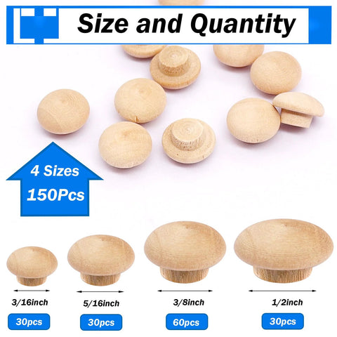 150 Piece Wood Plugs Assortment Kit With Four Sizes 3/16 Inch 5/16 Inch 3/8 Inch And 1/2 Inch for furniture and outdoor use
