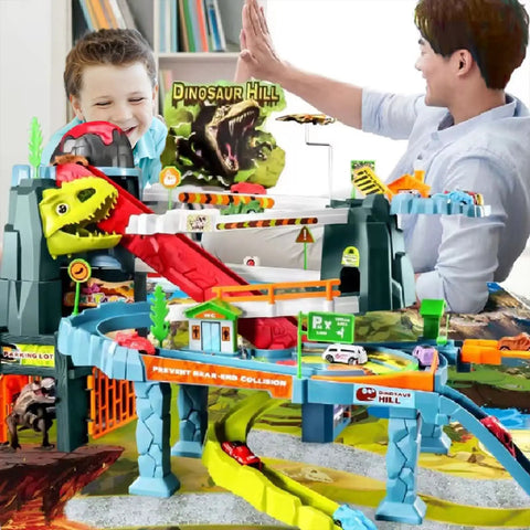 Father and son playing with Awesome Toy Car Ramp Track With Dinosaur Spray Hills Adventure Railcar Slot Car Race Set