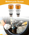 2 Pack M5x0.8 Universal Motorcycle Fork Bleeder Screws For Dirt Bikes And Motocross Air Bleeder Valve Heavy Duty Metal Orange Hardware Fits Most Forks displayed above a motorcycle wheel.
