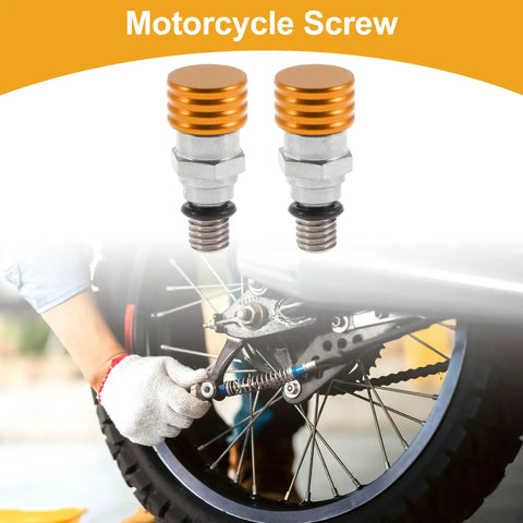 2 Pack M5x0.8 Universal Motorcycle Fork Bleeder Screws For Dirt Bikes And Motocross Air Bleeder Valve Heavy Duty Metal Orange Hardware Fits Most Forks displayed above a motorcycle wheel.