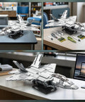 F-22 Raptor Fighter Jet Building Set For Adults shown on desk with retractable landing gear and detailed cockpit, 1729 pieces