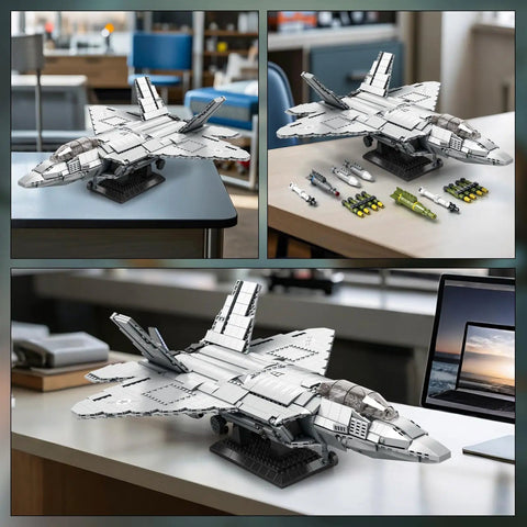 F-22 Raptor Fighter Jet Building Set For Adults shown on desk with retractable landing gear and detailed cockpit, 1729 pieces