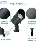 5W Low Voltage Landscape Lights Set 12V Outdoor Spotlight Kit with waterproof ring, UV coating, and adjustable knuckle.