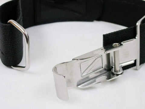 Close-up of Quick Release Scuba Tank Strap with stainless steel buckle and adjustable 2-inch nylon band on white background.