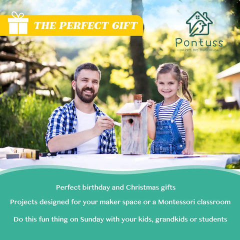 Father and daughter assembling Fun DIY Birdhouse Kit With Paint Set For Kids And Adults in a garden setting