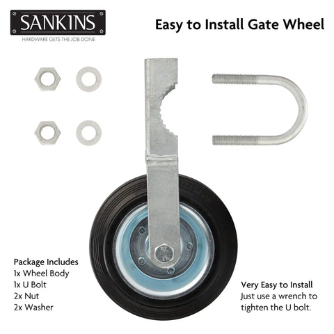 Gate Helper Wheel Set For Swing Gates Up To One And Five Eighths Inches To Two Inches Frame, heavy-duty components shown.
