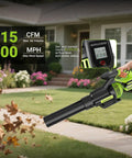 Cordless Leaf Blower With 715 CFM Airflow And 200 MPH Wind, showing LCD display and blowing leaves in a garden