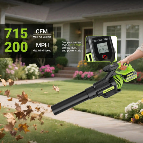 Cordless Leaf Blower With 715 CFM Airflow And 200 MPH Wind, showing LCD display and blowing leaves in a garden