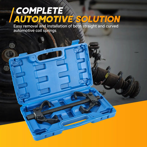 Heavy Duty Coil Spring Compressor Tool Kit in blue case with safe locking for auto repair pro grade spring clamp set