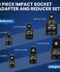 Eight Piece Impact Socket Adapter and Reducer Set with CR-V Steel Adapters for Various Drive Sizes
