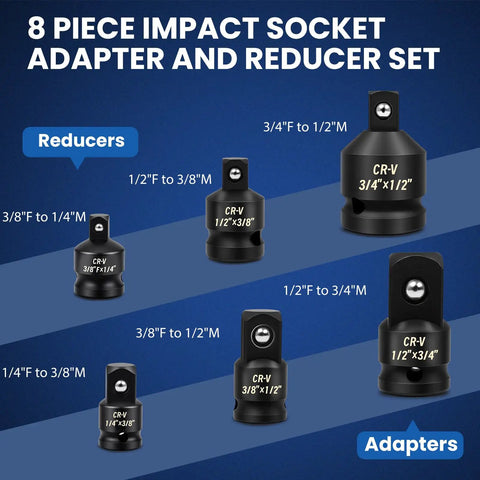 Eight Piece Impact Socket Adapter and Reducer Set with CR-V Steel Adapters for Various Drive Sizes