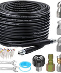 Heavy Duty Sewer Jetter Kit For Pressure Washers, 100 Ft Hose, 5800 PSI Drain Cleaner With One Quarter Inch NPT, Rotating Corner Nozzle And Button Nozzle, 6 Head Set, M22 Female To One Quarter Inch NPT Coupler, Quick Connect Adapters.