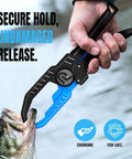 Man using ergonomic fish gripper included in All In One Fishing Gear Kit With Telescopic Rod And Reel Net Tackle Box Rod Holders And Backpack Ready For Freshwater And Saltwater Angling A Killer Gift For Men Who Love To Fish on a bass.