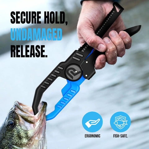 Man using ergonomic fish gripper included in All In One Fishing Gear Kit With Telescopic Rod And Reel Net Tackle Box Rod Holders And Backpack Ready For Freshwater And Saltwater Angling A Killer Gift For Men Who Love To Fish on a bass.