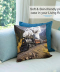 Comfy Steam Locomotive Train Throw Pillow Cover Plush Boho Farmhouse Cushion Case 18x18 Inch Square Pillow on sofa in living room