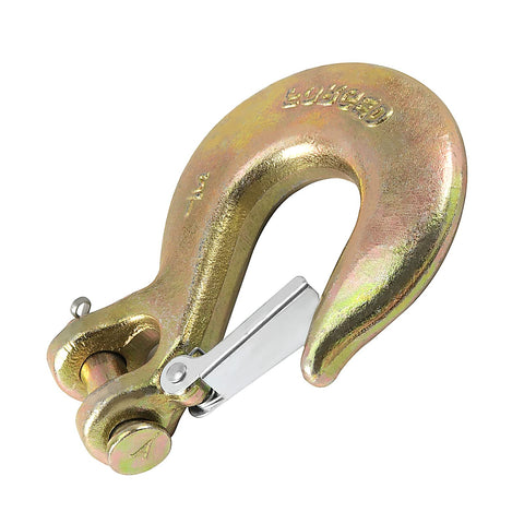 2 Pack Beefy Half Inch Clevis Slip Hooks With Safety Latch Heavy Duty Grade 70 Forged Steel For Trailer Haulers And Wrecker Trucks 18,000 Lbs Capacity Ideal For Towing Hauling And Recovery Jobs shown in close-up