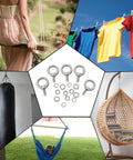 M10 Eye Bolts With Nuts Washers And Spring Washers Stainless Steel Shoulder Ring Threaded Eye Bolts 0.98 Inch Thread Length Lifting Hardware Pack Of 4 For Secure Hookups And Fixed Connections shown with applications like swings and hammocks