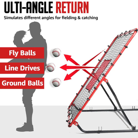 Game Ready Pitch Back Rebounder Net For Baseball And Softball With 3 Adjustable Angles 4x4.5Ft in side view demonstrating angle returns