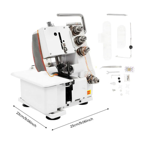 Side view of Workhorse Serger Overlock Machine With Four Thread Capability Up To 1200 Stitches Per Minute, accessories included
