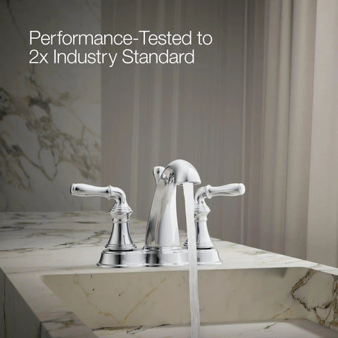 Devonshire Centerset Bathroom Faucet 4-Inch 2-Handle With Pop-Up Drain, 1.2 GPM, 3-Hole Installation in polished chrome.