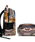 Side view of Burger Raccoon City Street Print Backpack For Men And Women, featuring vibrant raccoon and burger print.