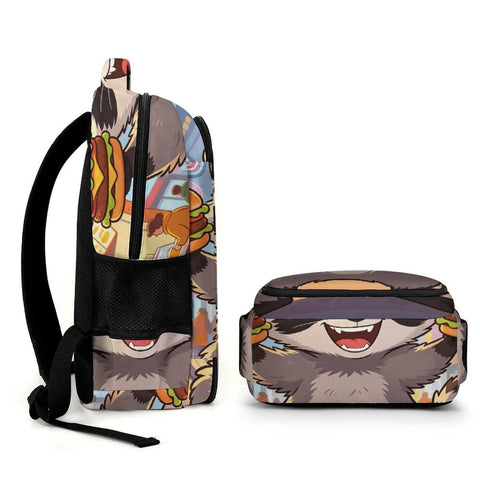 Side view of Burger Raccoon City Street Print Backpack For Men And Women, featuring vibrant raccoon and burger print.