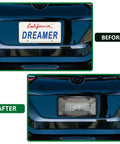 Comparison of a car plate before and after installing a Two Pack Clear License Plate Cover And Frame Set With Screws And Caps, Rust Proof Transparent Shield For Standard US Plates, Tough ABS Build, All Weather Auto Plate Protection, showing enhanced visibility and protection.